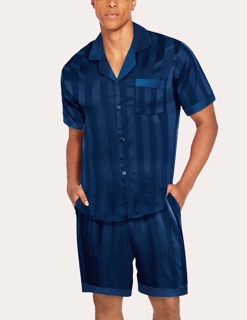 Blue satin pajama set for men with striped pattern: button shirt and matching shorts