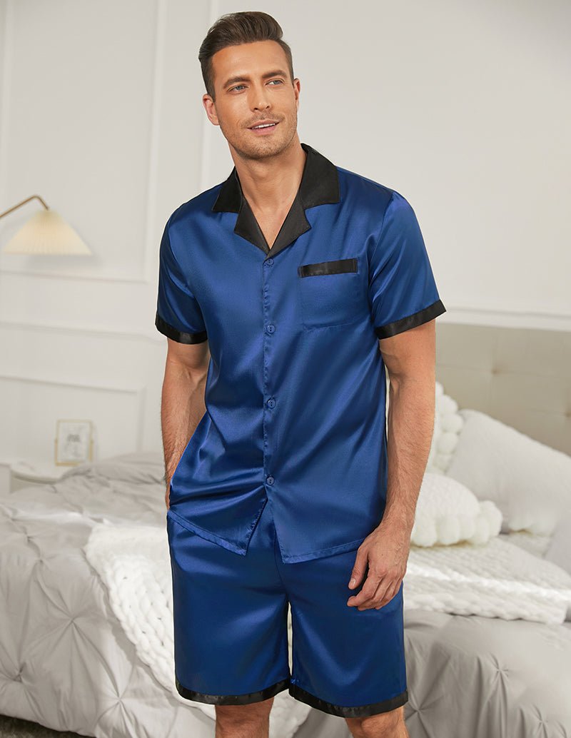 Blue satin pajama set for men: short-sleeve button shirt with chest pocket and drawstring shorts