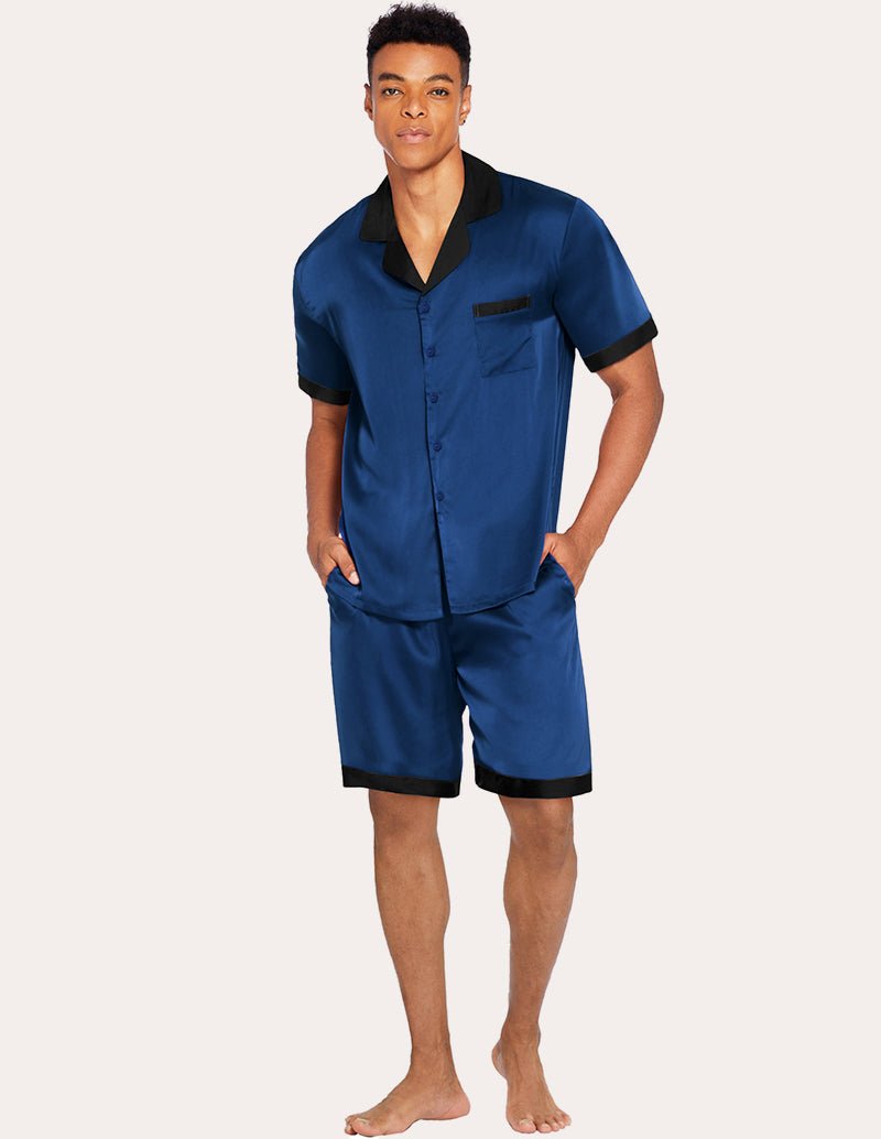 Blue satin pajama set for men: short-sleeve button shirt with chest pocket and matching shorts