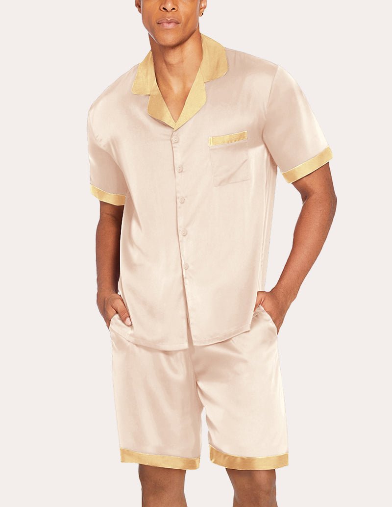 Champagne satin pajama set for men: short-sleeve button shirt and matching shorts with yellow trim