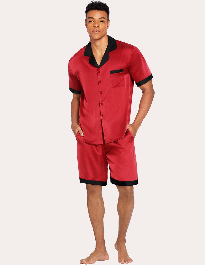 Red satin pajama set for men: short-sleeve button shirt and matching shorts with black trim