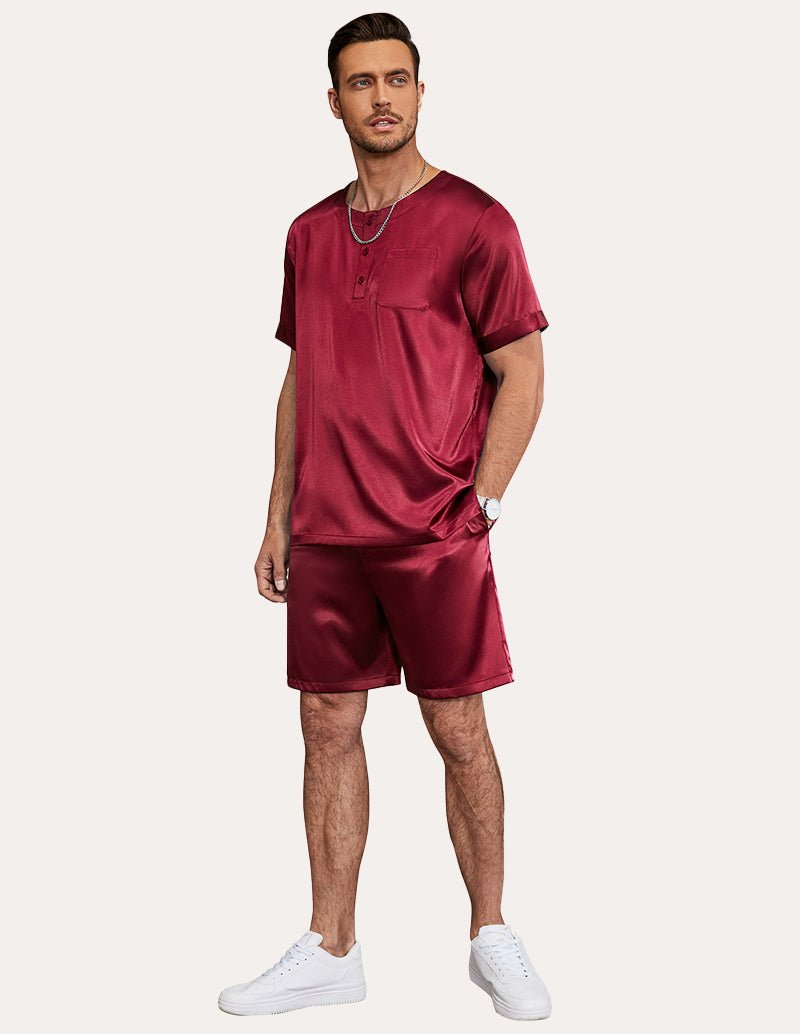 Men's satin pajama set in wine red: button-front short-sleeve top and matching shorts