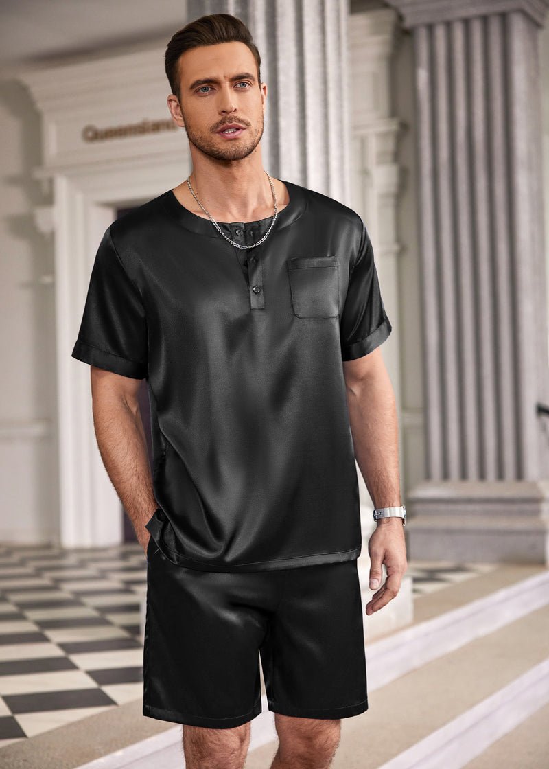 Men's satin pajama set in black: short-sleeve henley top and matching shorts