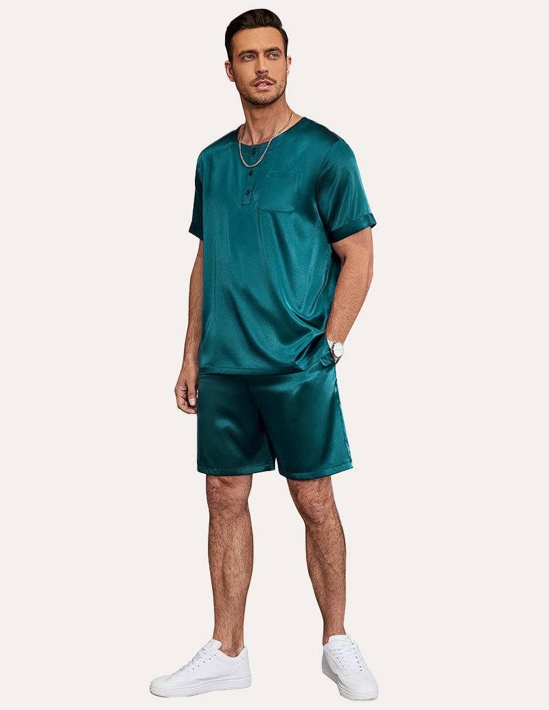 Men's satin pajama set in blue green: short-sleeve henley top and matching shorts