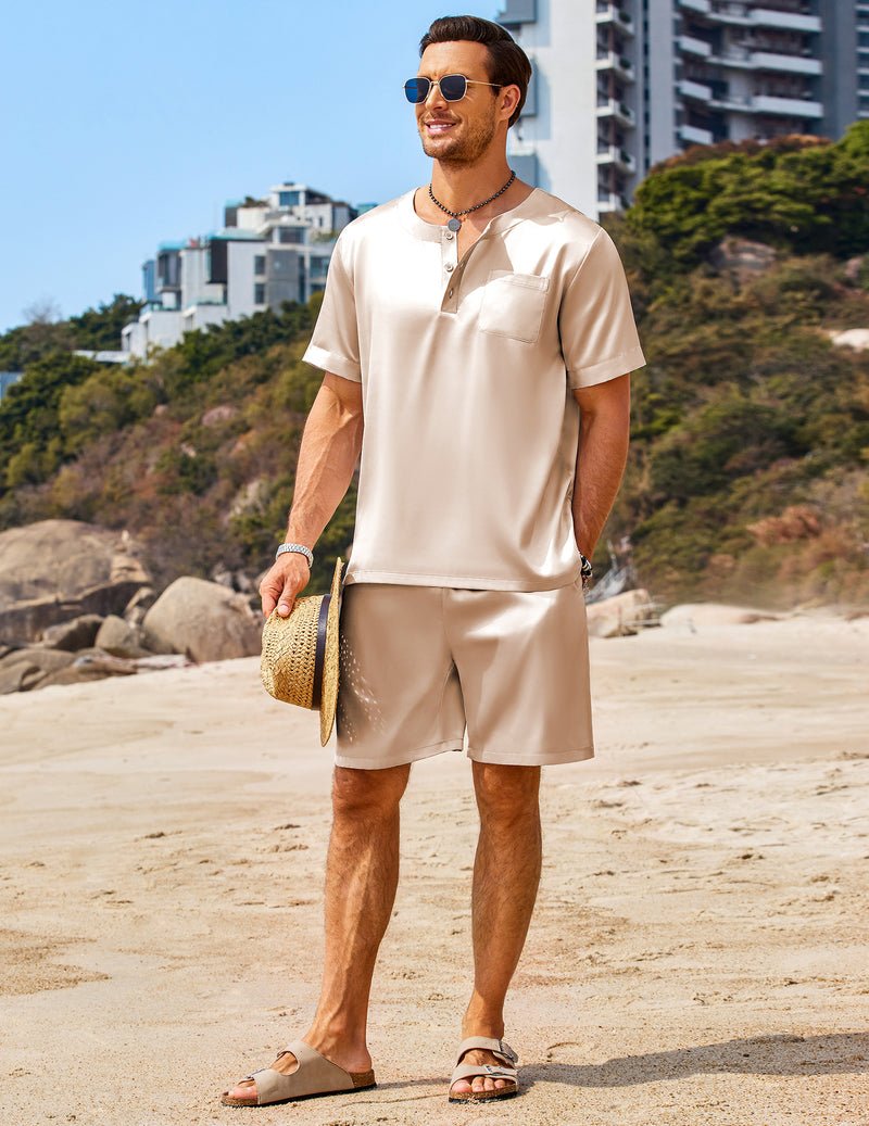 Men's satin pajama set in champagne: button-front short-sleeve top with elastic shorts
