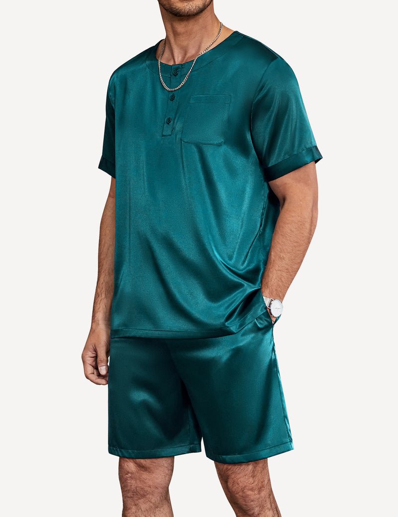 Blue-green satin pajama set: henley short-sleeve top with pocket, matching shorts