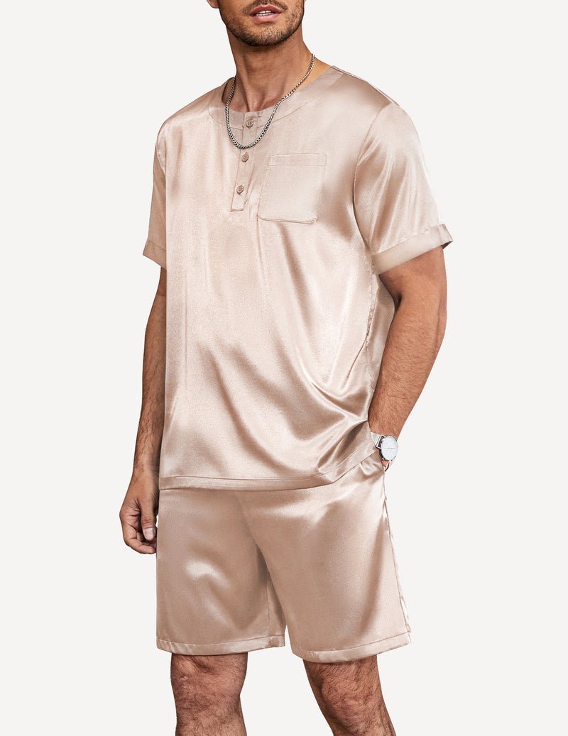 Champagne satin pajama set: short-sleeve henley top, button placket, matching shorts
