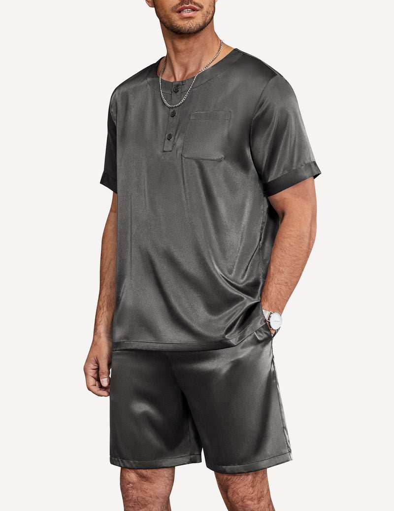 Dark gray satin pajama set: henley tee with chest pocket, matching knee-length shorts