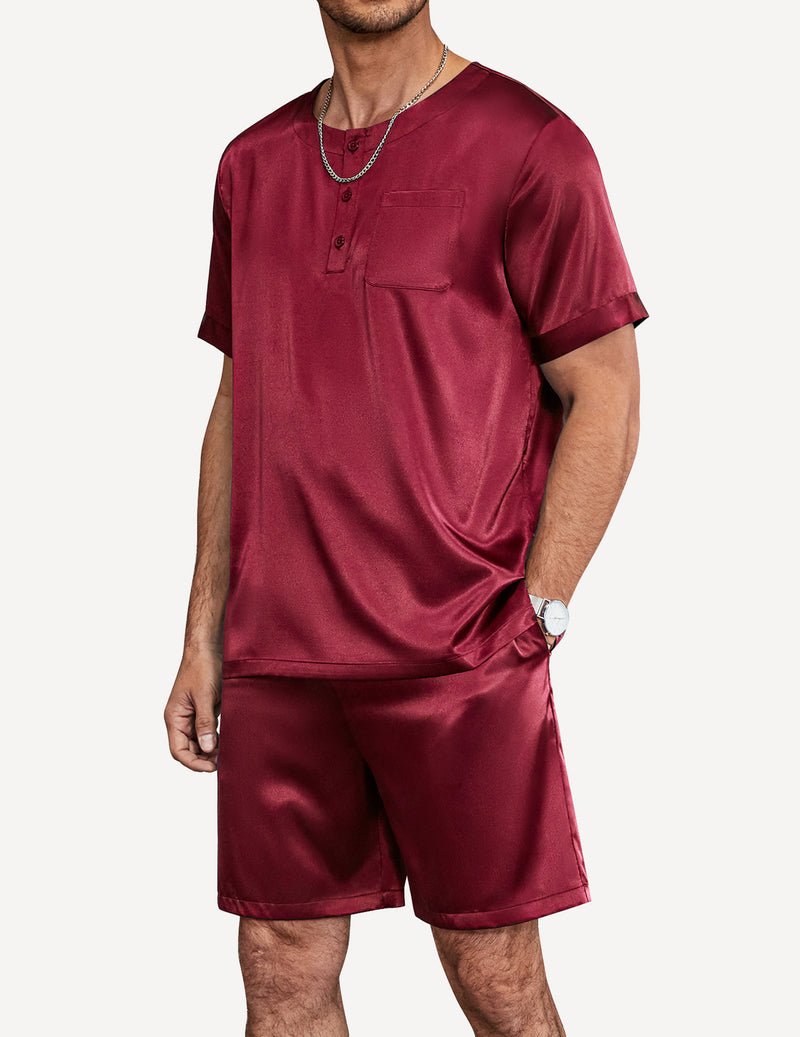 Wine red satin pajama set: henley short-sleeve top with pocket, matching shorts
