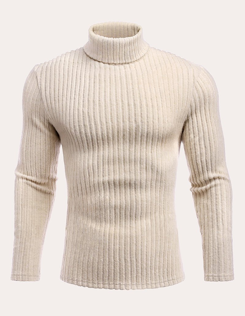 Beige turtleneck ribbed knit sweater with long sleeves