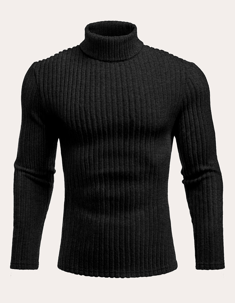 Black turtleneck ribbed knit sweater with long sleeves