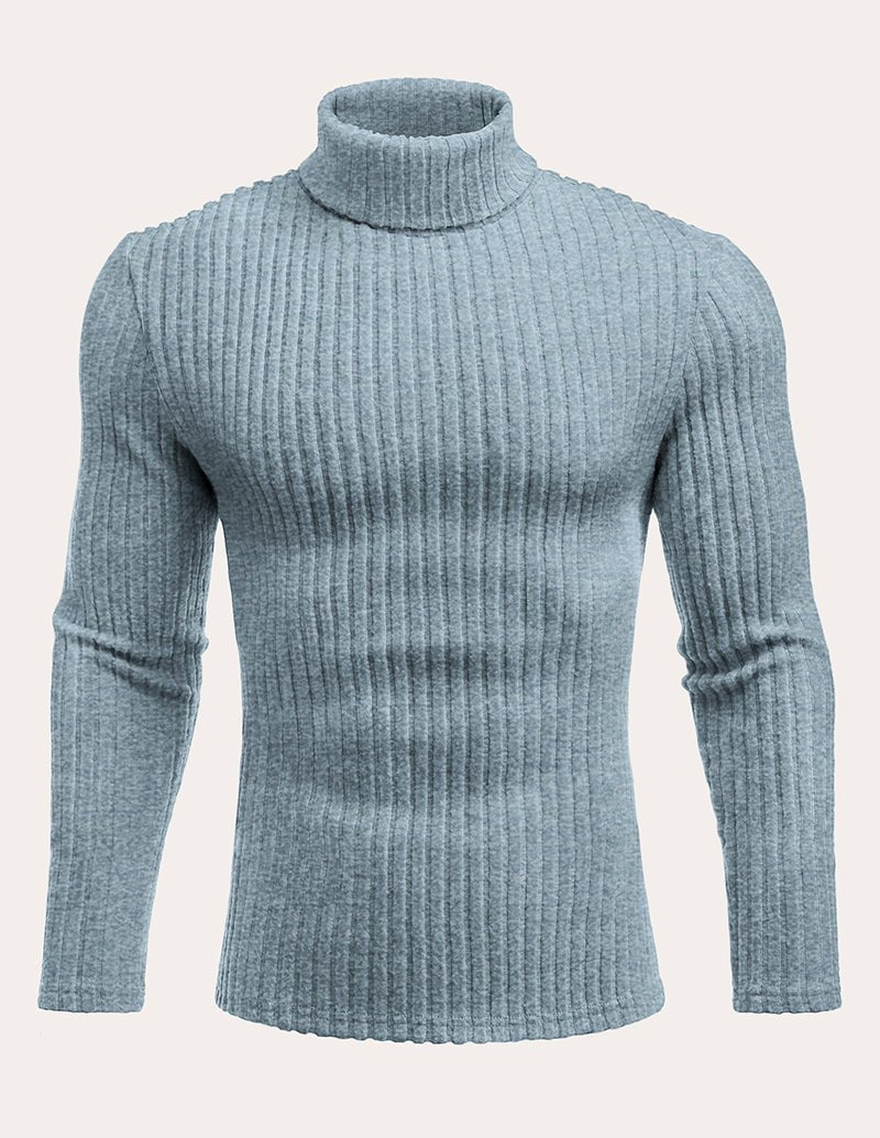 Men’s ribbed turtleneck pullover sweater in light blue, long sleeves
