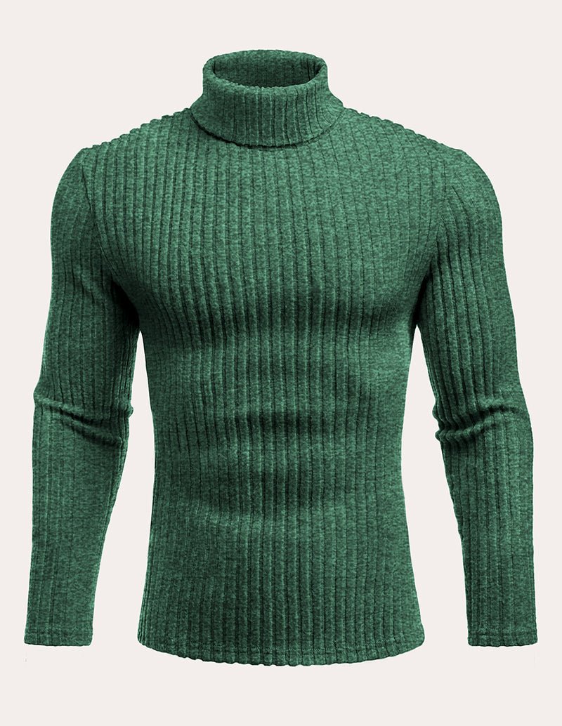 Men’s ribbed turtleneck pullover sweater in green, long sleeves