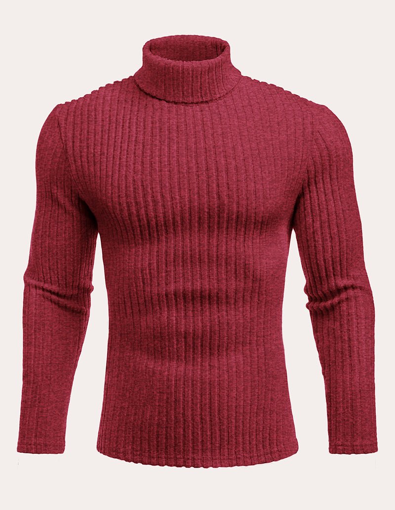 Men’s ribbed turtleneck pullover sweater in burgundy, long sleeves