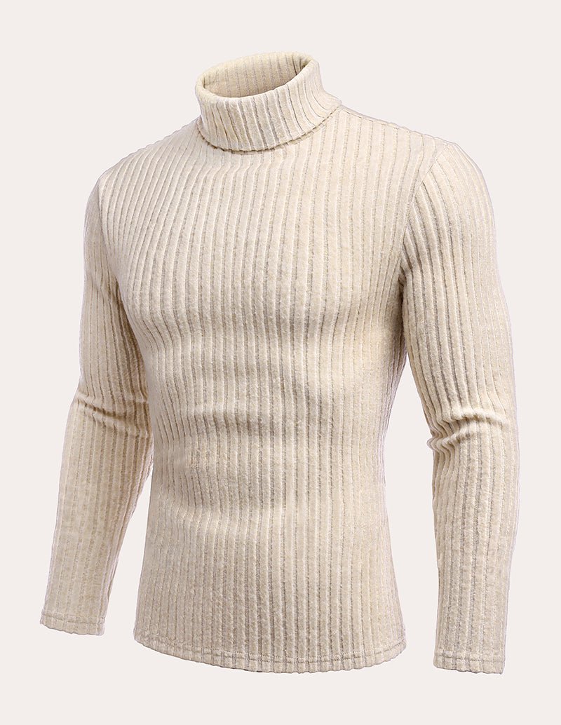 Men’s ribbed turtleneck pullover sweater in beige, back view, long sleeves