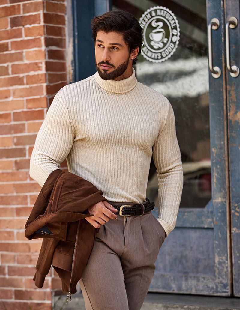 Men’s beige ribbed turtleneck pullover sweater, long sleeves worn