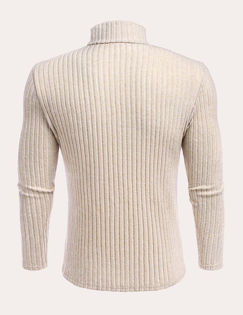 Beige ribbed turtleneck sweater detail, knit texture on collar and shoulders