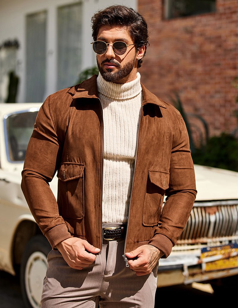 Men’s beige ribbed turtleneck pullover sweater, long sleeves worn