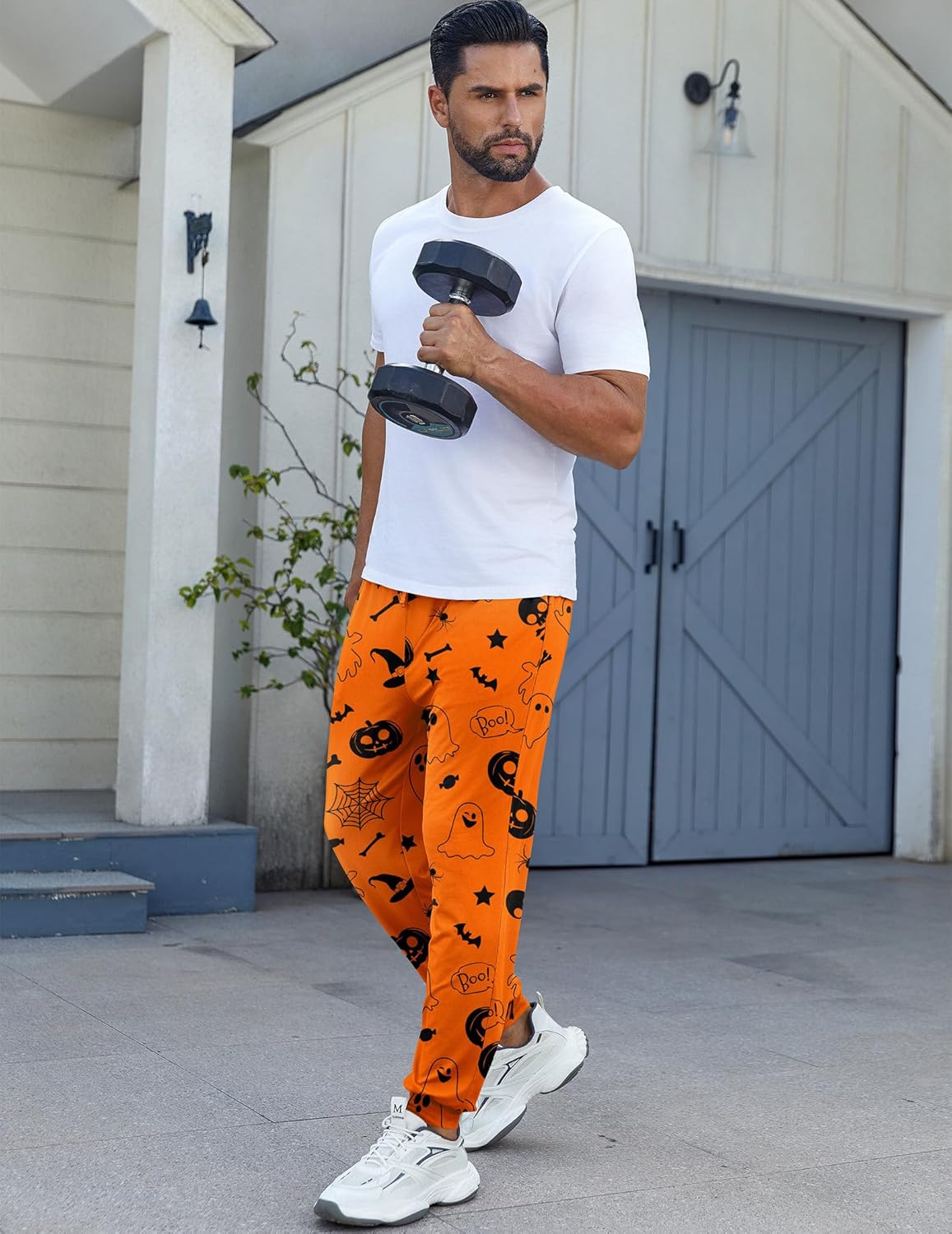 Orange Halloween-Schlafhose für Herren mit Kürbis- und Spinnennetzprint, Jogger-Schnitt