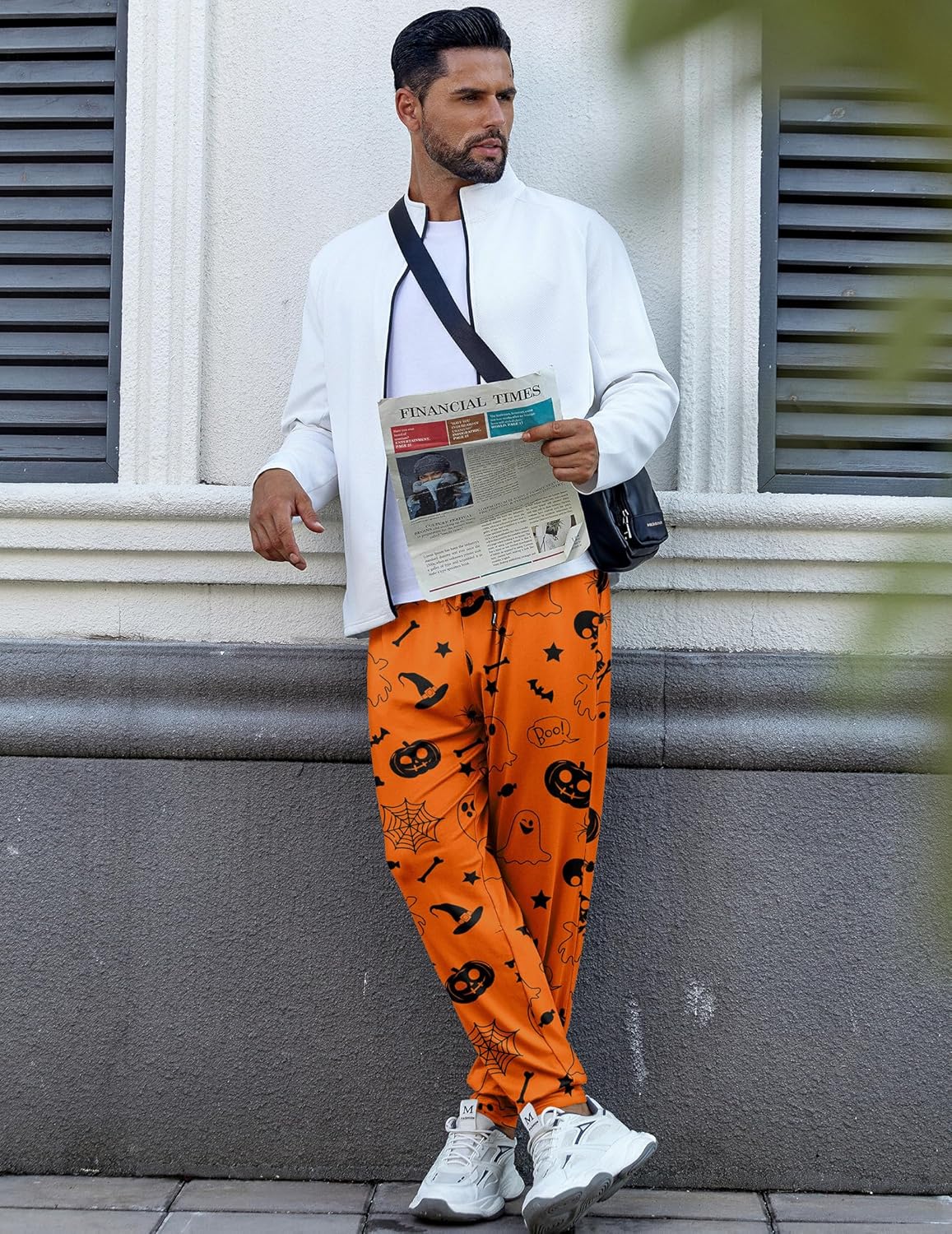 Orange Halloween-Schlafhose für Herren mit Kürbis- und Skelettmotiven, Kordelzugbund