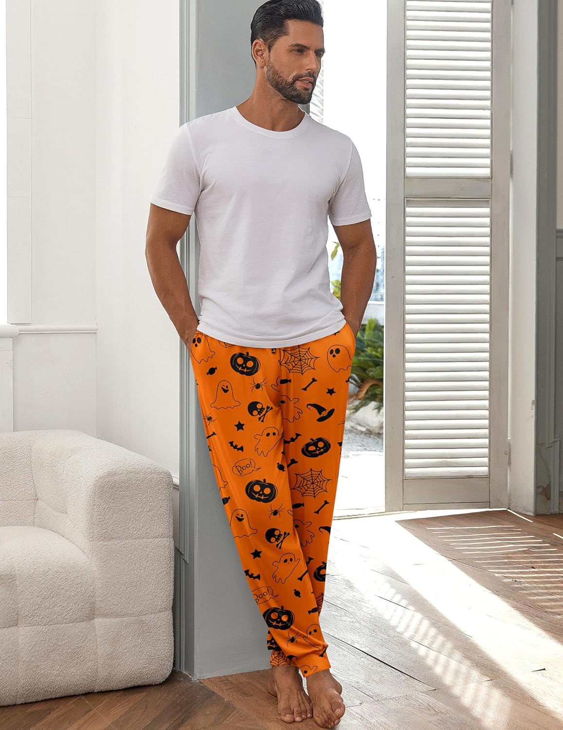 Orange Halloween-Schlafhose für Herren mit Spinnennetz- und Kürbis-Motiven, Kordelzug