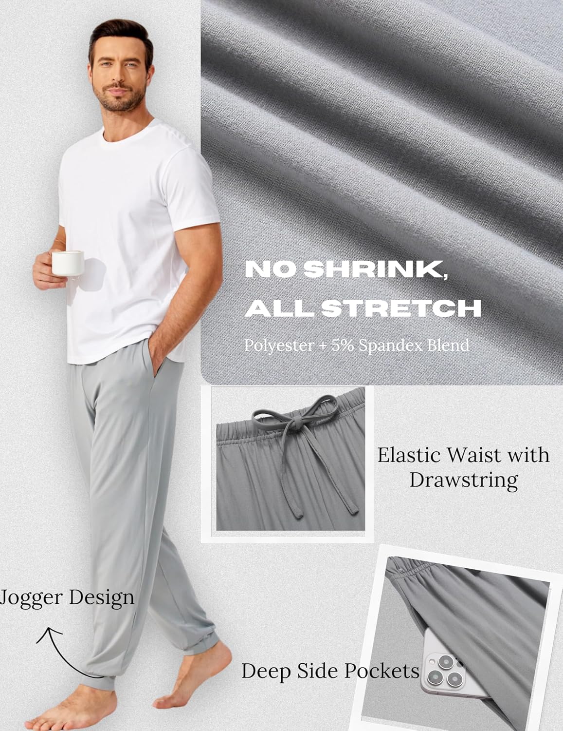 Grau Herren-Schlafhose mit Kordelzugbund, tiefen Seiten-Taschen, Jogger-Design