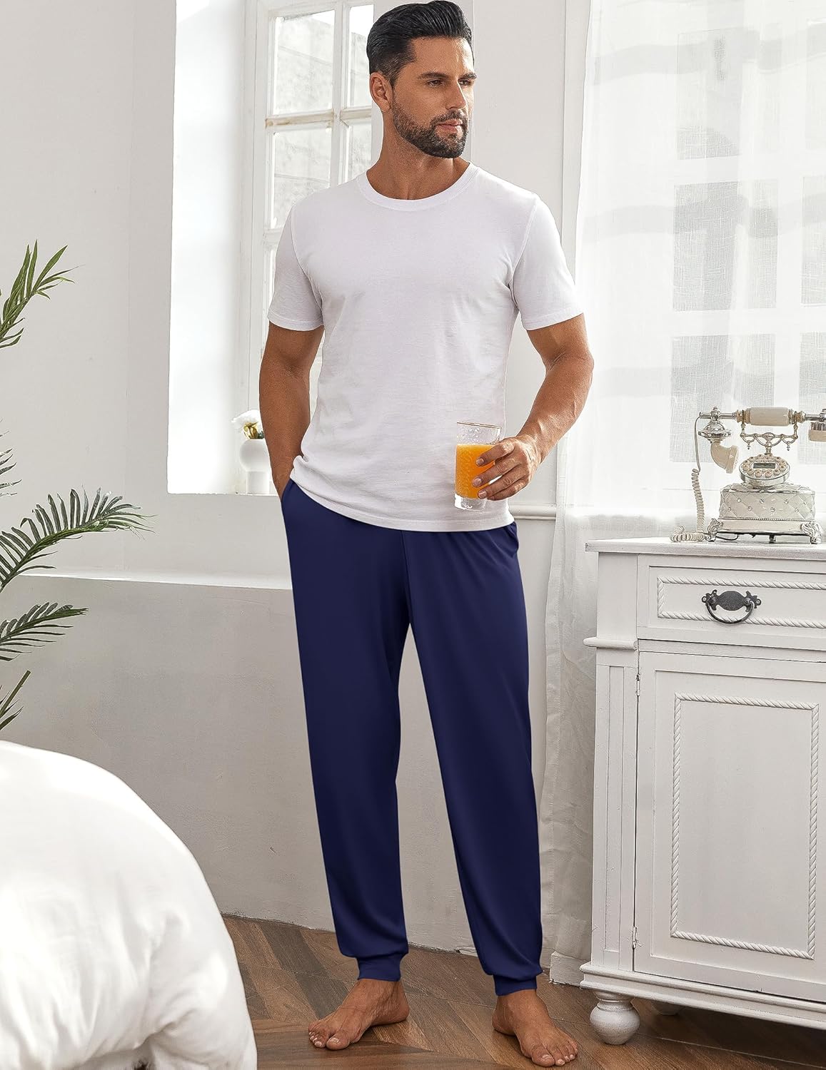 Men's pajama pants, navy blue, tapered ankle and elastic cuffs