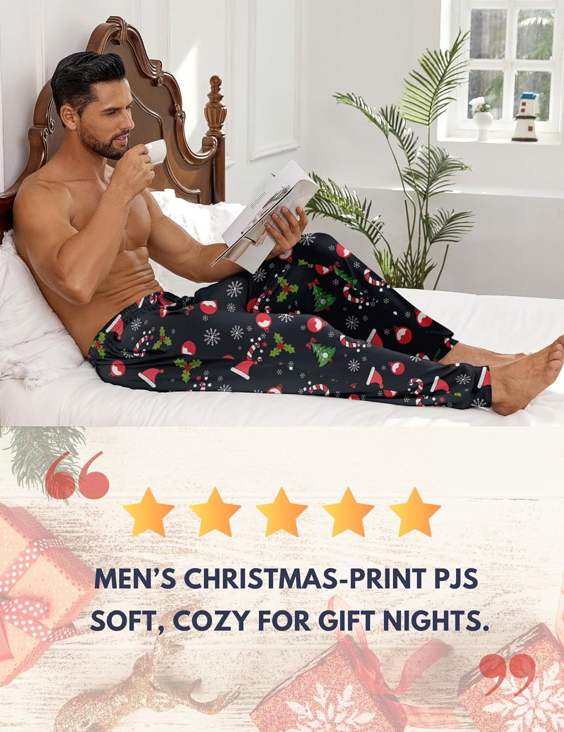 Men's pajama pants, black with Christmas print, elastic waist