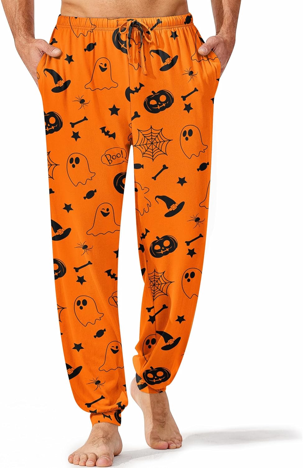 Orange Halloween-Print Schlafhose für Herren, Kordelzugbund, Jogger-Schnitt