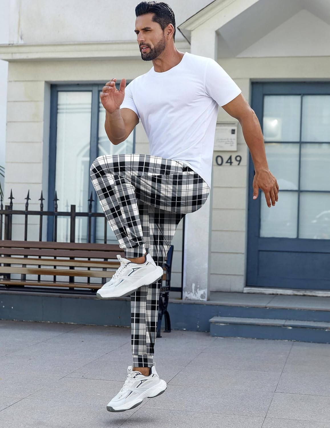 Men’s plaid pajama pants, black check with drawstring waist
