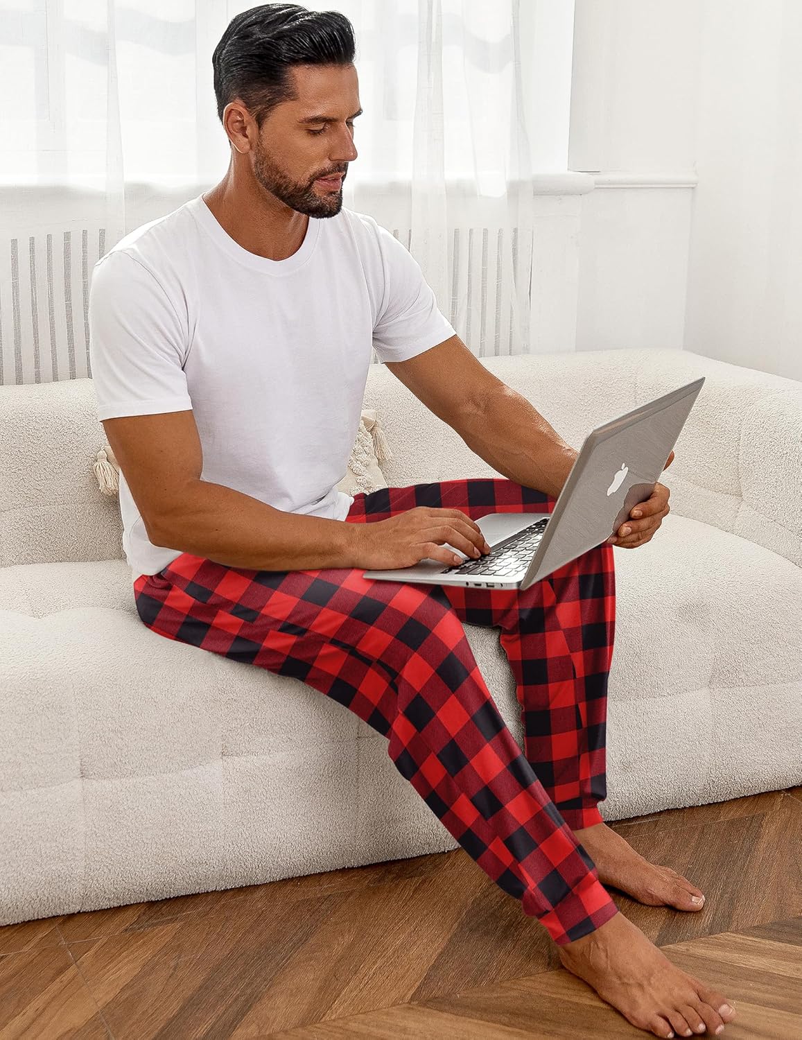 Red plaid lounge pajama pants with cuffed ankles and drawstring waistband