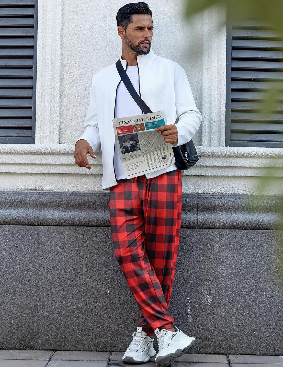 Men’s red plaid pajama pants with relaxed fit, drawstring waist, cuffed ankle hems
