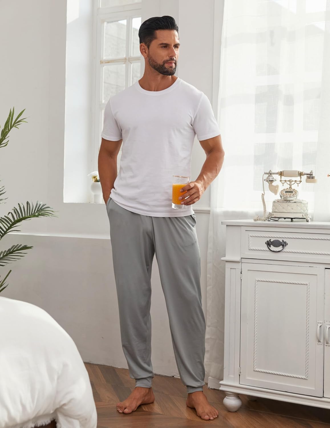 Men's pajama pants, grey solid color, drawstring waist