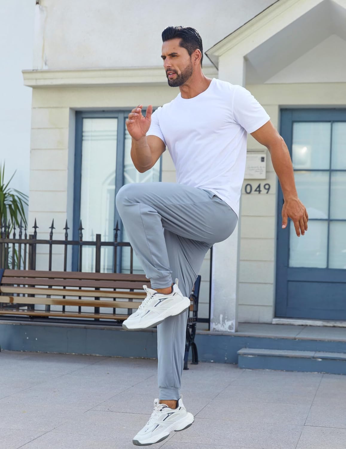 Men's lightweight pajama pants in light gray, drawstring waist, straight legs