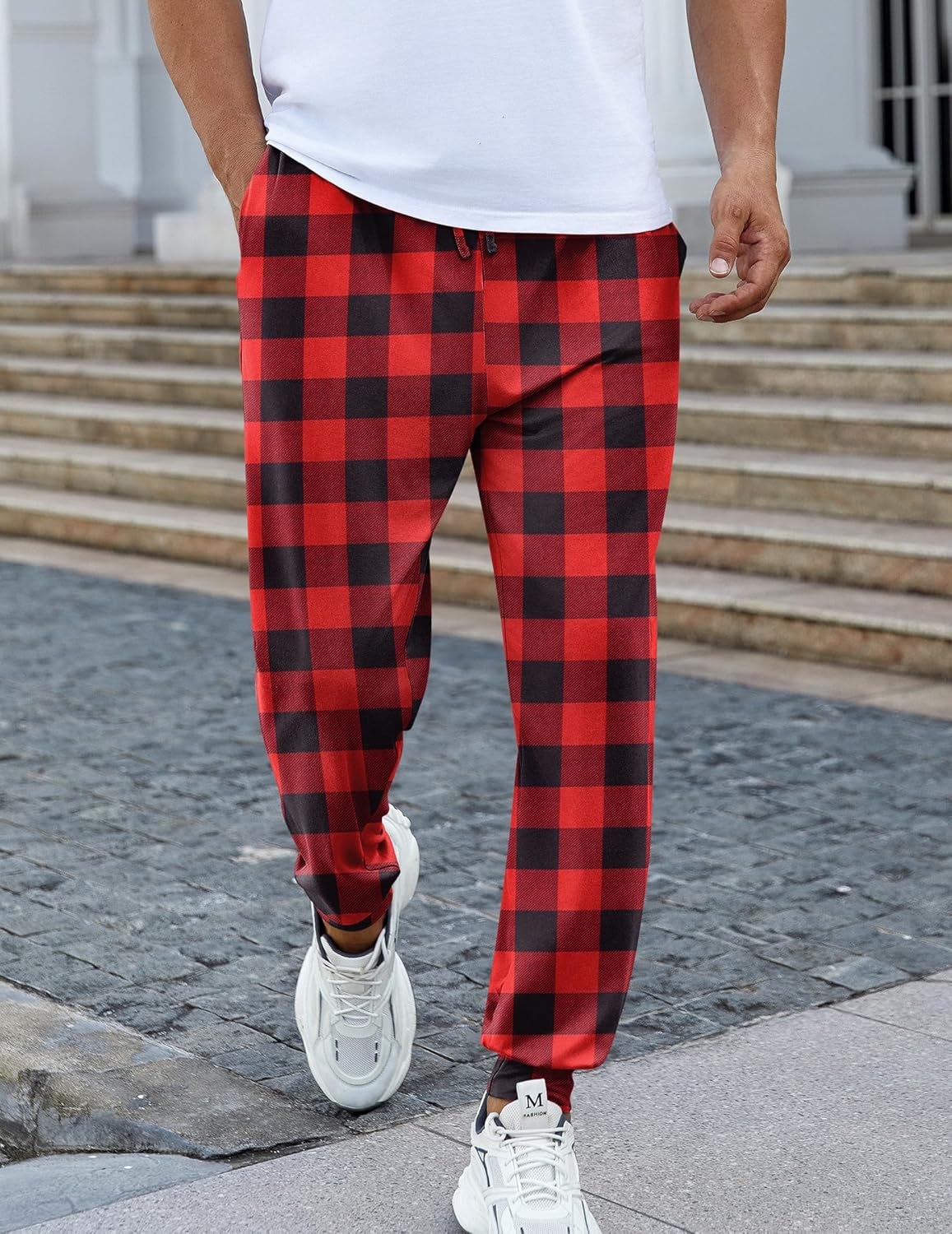 Men’s pajama pants, red and black plaid pattern with drawstring waist