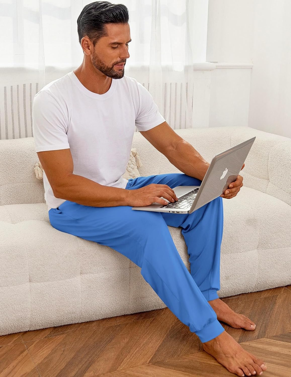 Men’s blue lounge pajama pants, cuffed ankle hems and drawstring waist