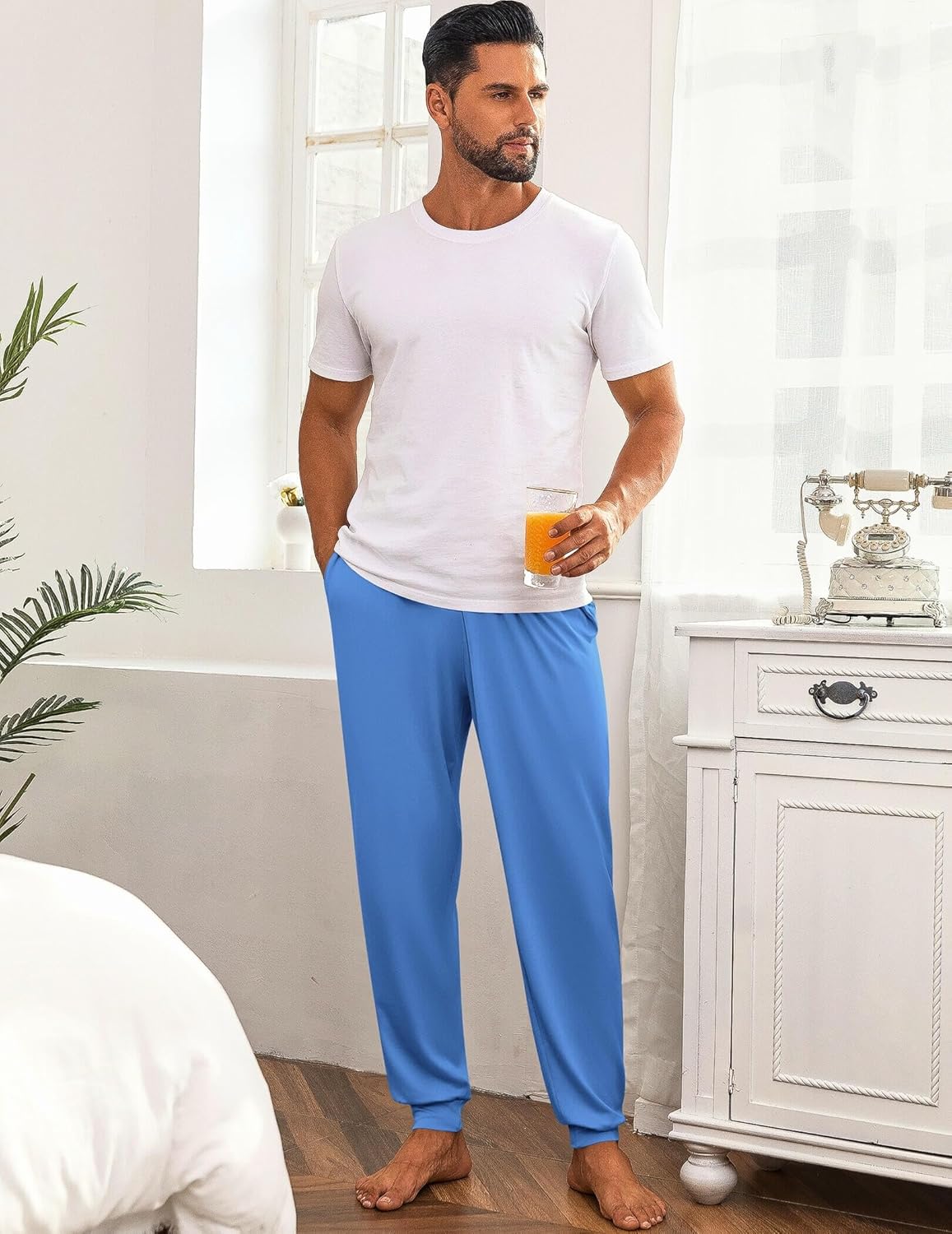 Men’s lightweight pajama pants in solid blue, relaxed fit with elastic waist