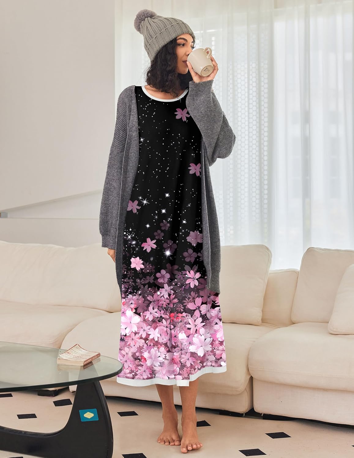 Dark grey long nightgown with starry print, pink flowers, and light trim cuffs