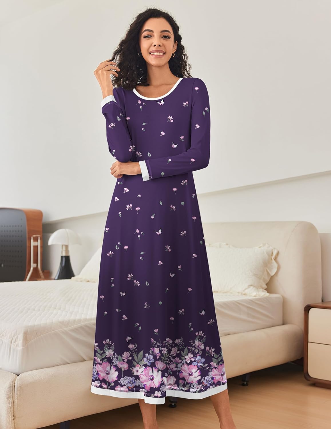 Purple long-sleeve nightgown with small floral sprig print and wide bottom hem