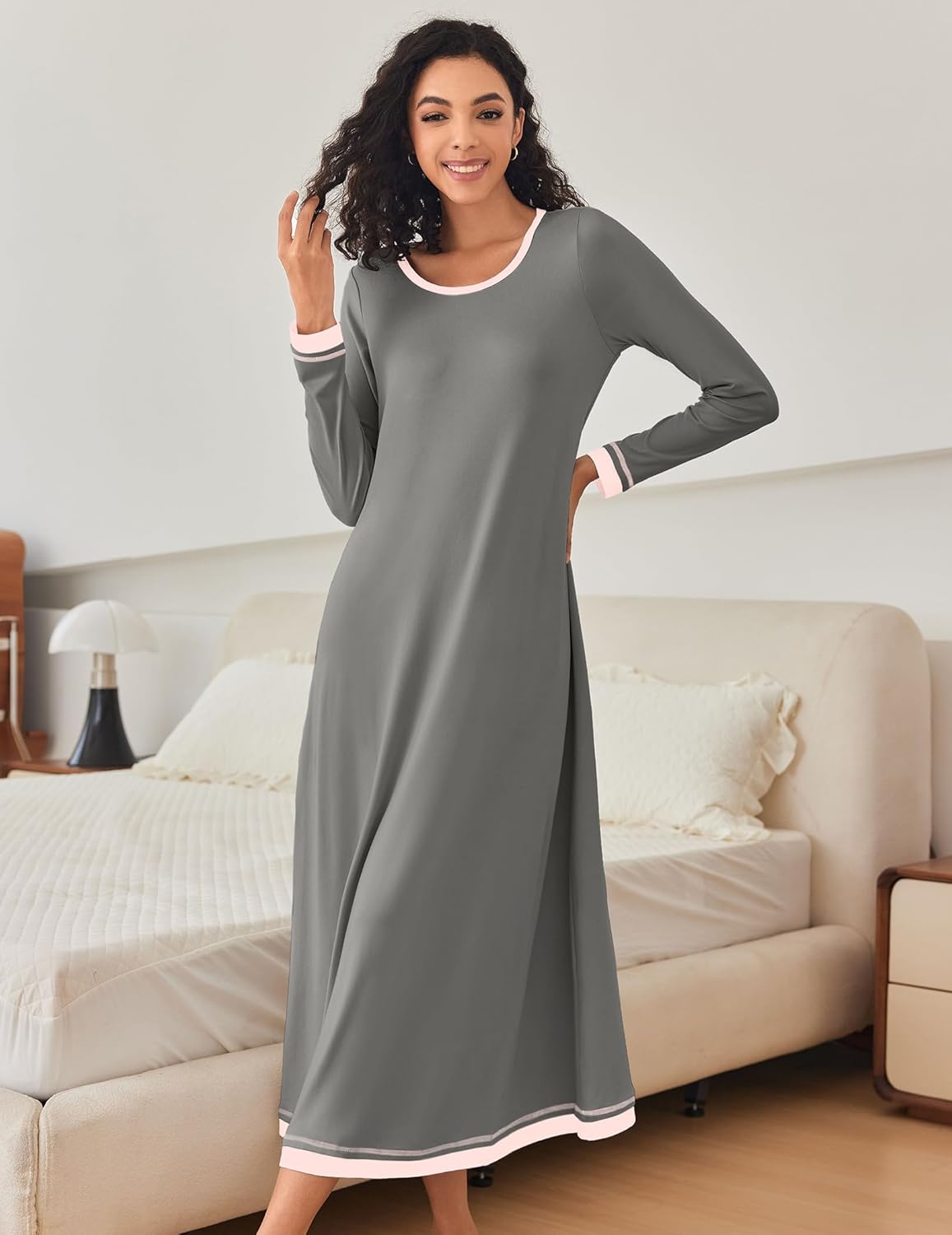 Grey full-length nightgown with long sleeves and contrast white cuff trim