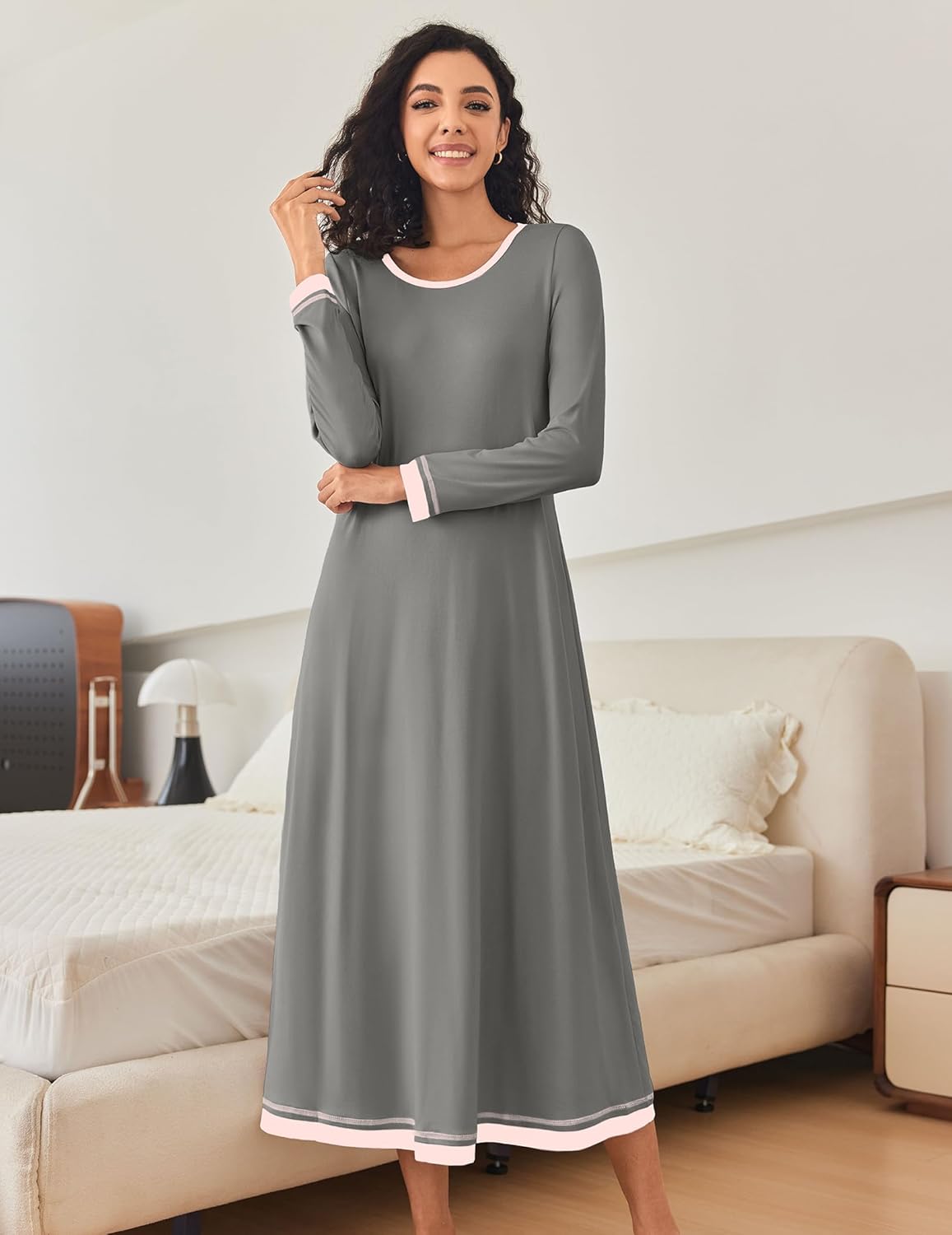 Grey long-sleeve nightgown with white-trim neckline and cuffs, full-length