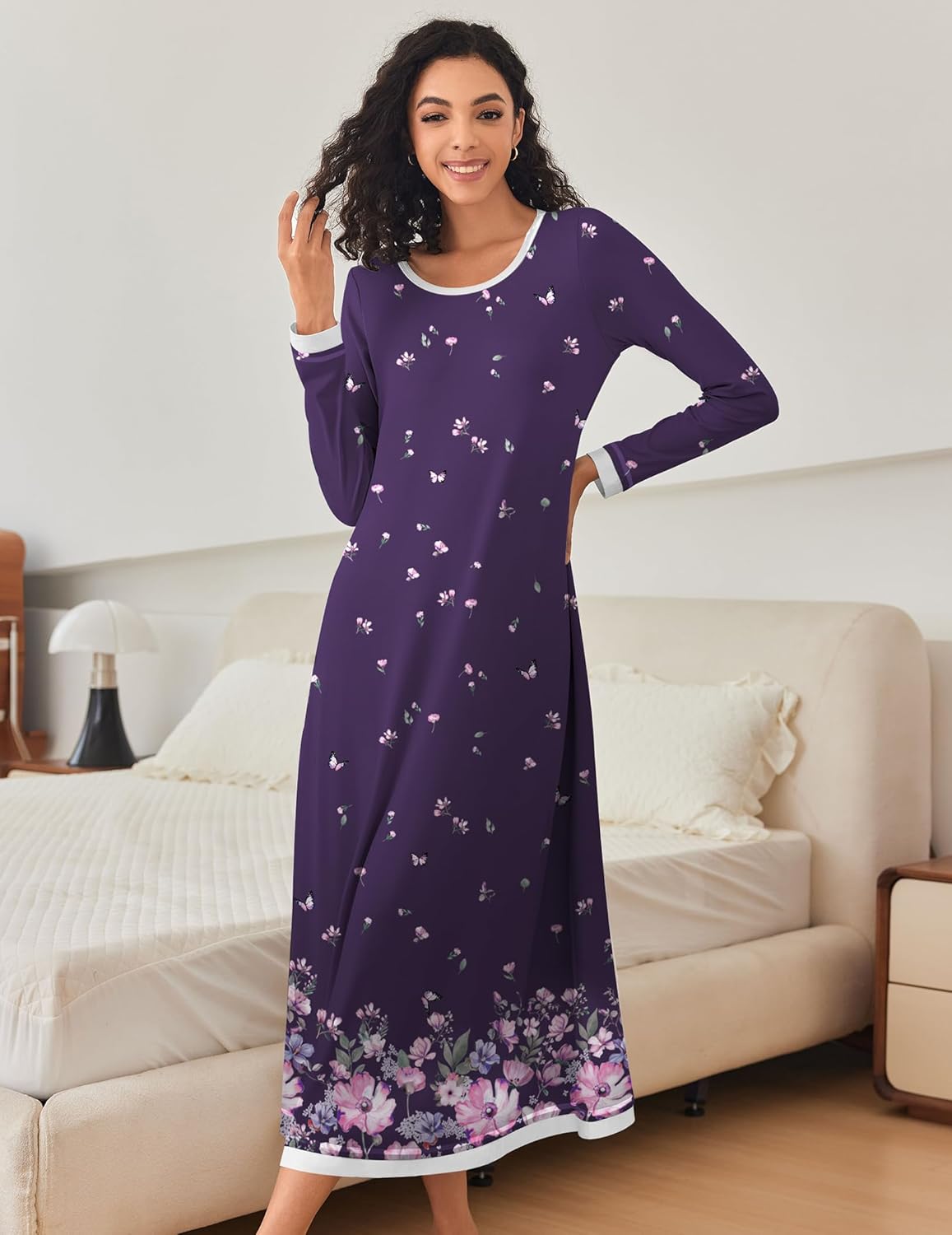 Purple full-length nightgown with scattered flower sprigs and white neckline trim