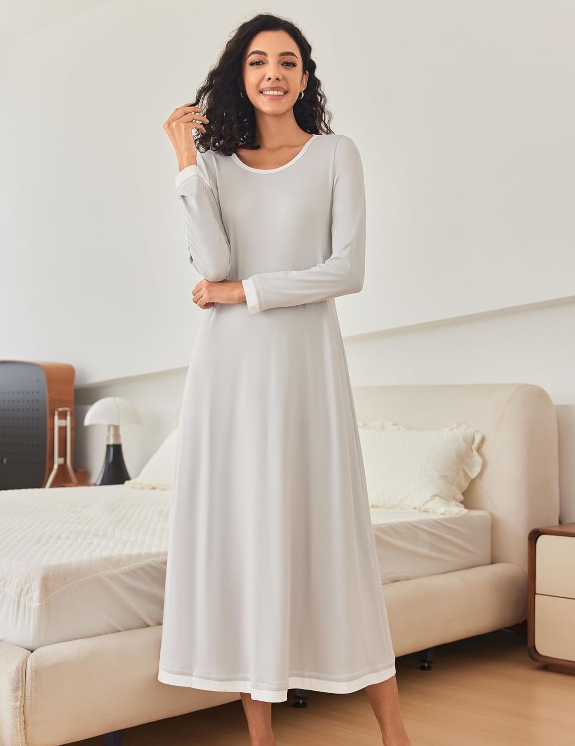 Ekouaer long-sleeve nightgown, full length, solid light color, round neckline