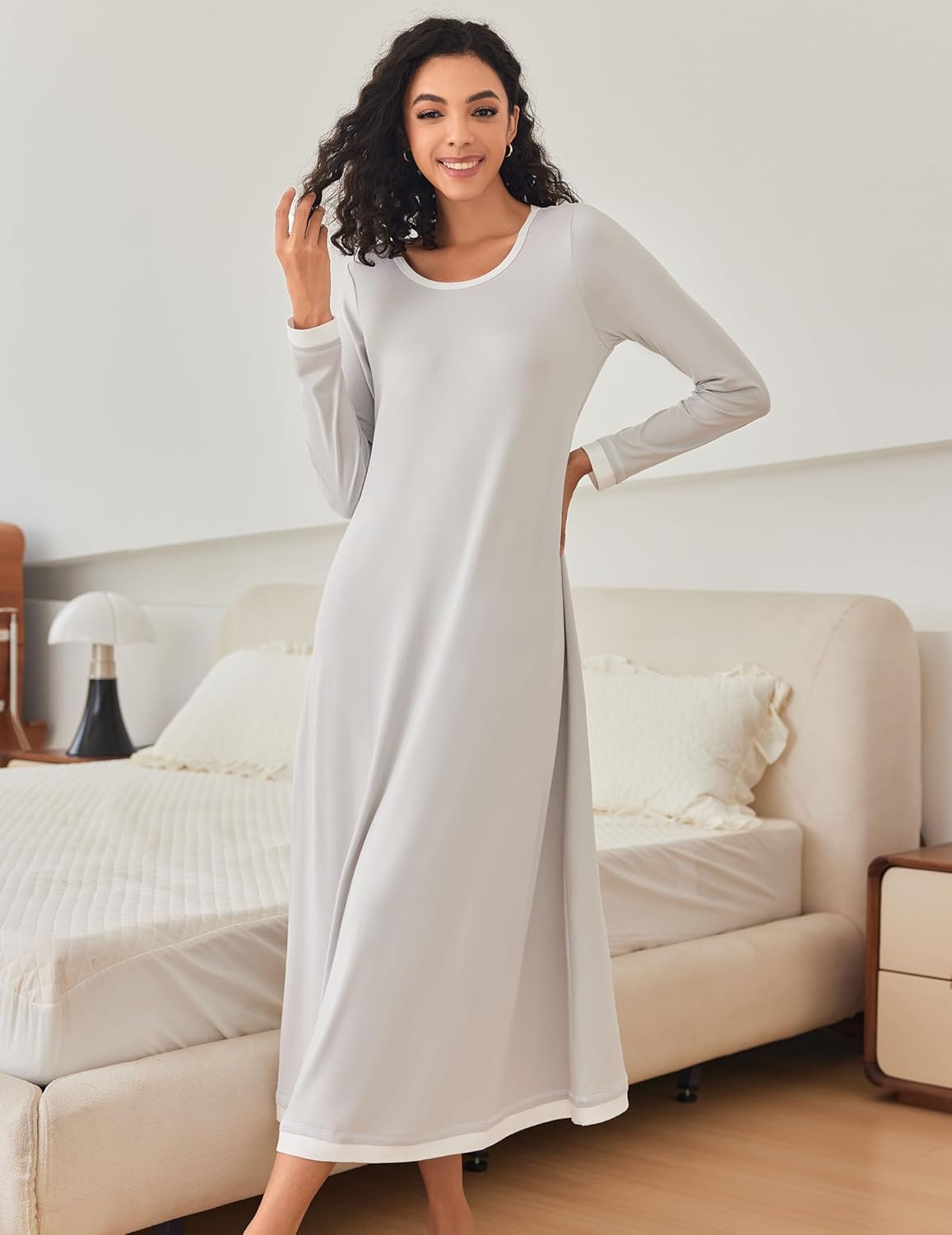 Full-length long-sleeve nightshirt with round neck, solid light color, relaxed fit