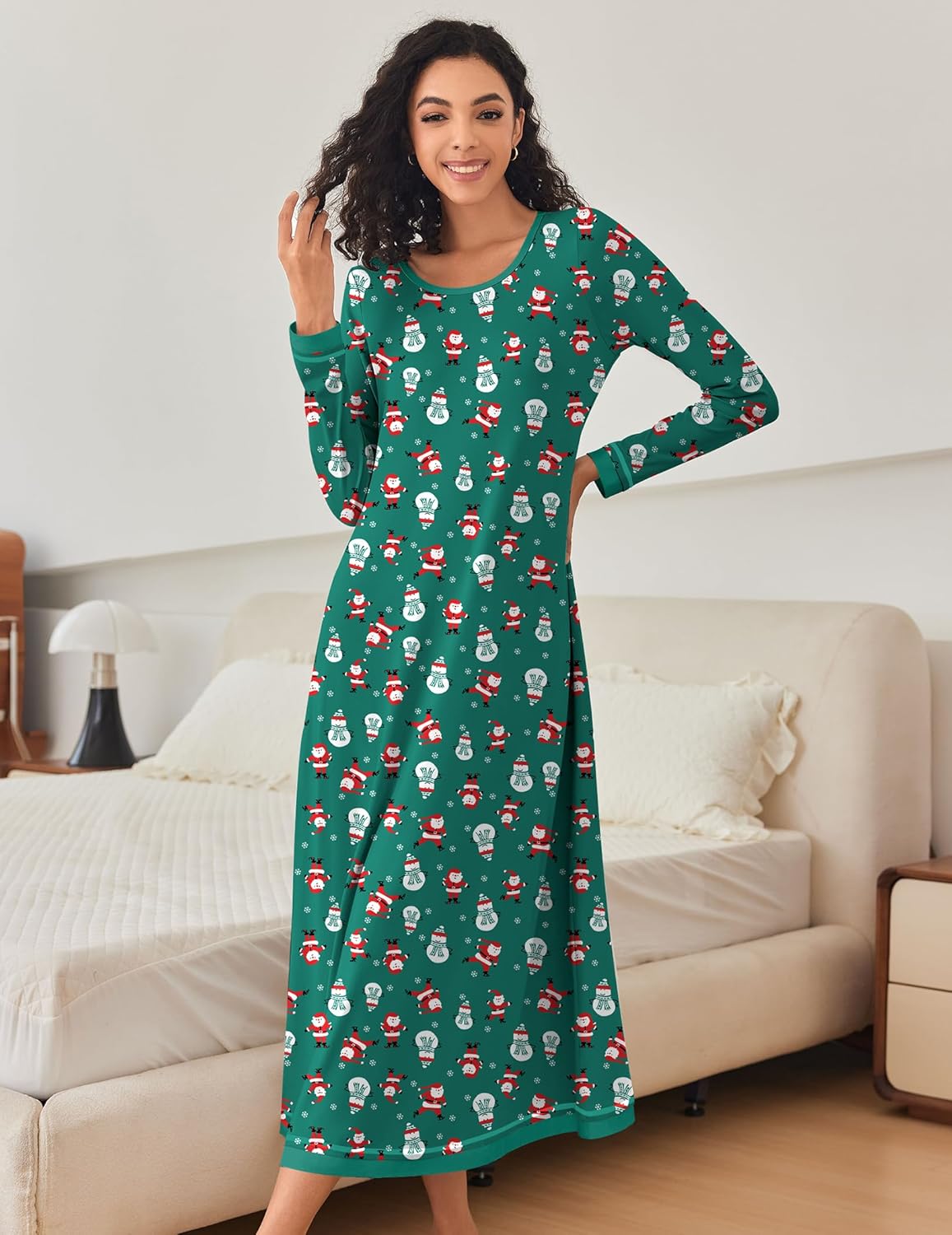 Green long-sleeve nightgown with Santa character pattern and wide bottom hem