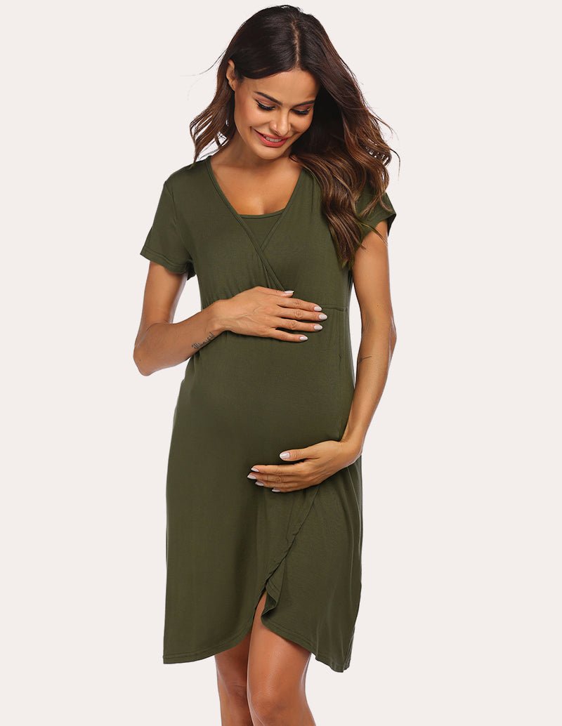Army green short-sleeve nursing dress with crossover bodice and asymmetrical hem