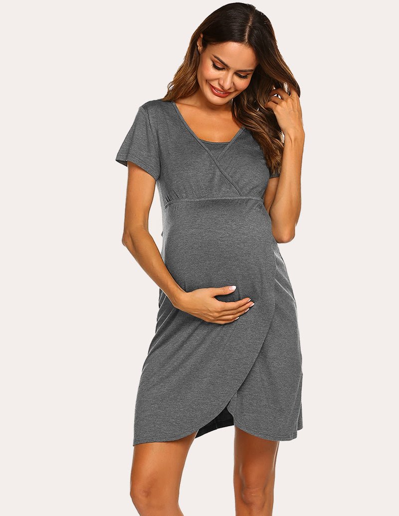 Light grey short-sleeve nursing nightgown dress with V-neck and side slit