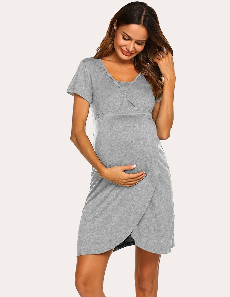 Light grey nursing nightgown with short sleeves, crossover front, and fitted maternity panel