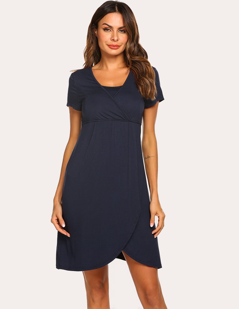 Navy blue short-sleeve nursing nightgown dress with crossover V-neck and asymmetrical hem