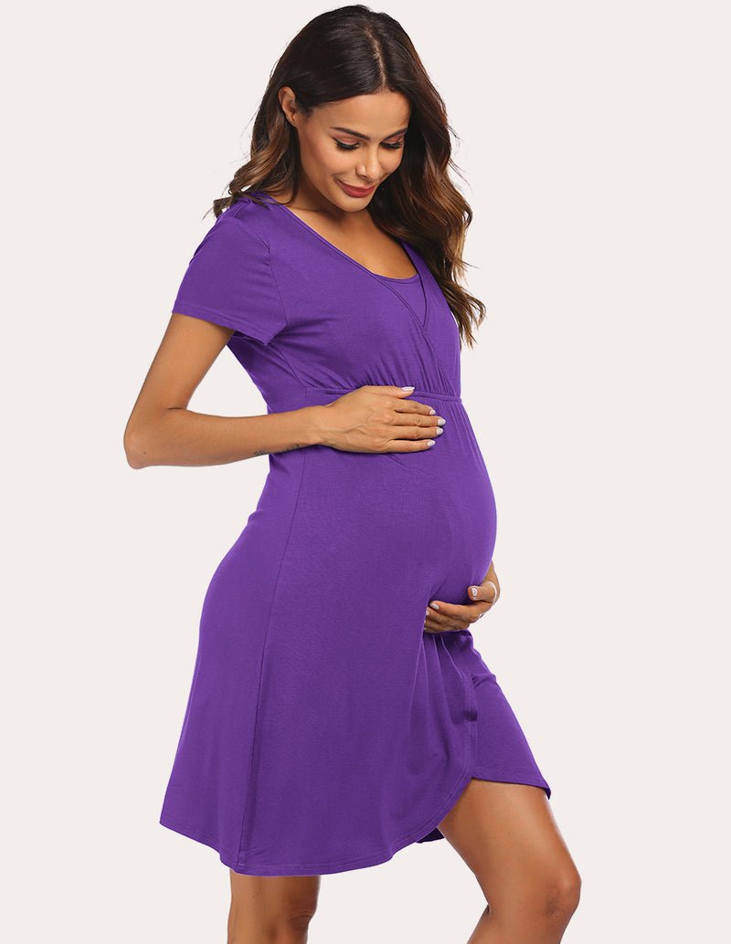 Purple short-sleeve nursing nightgown dress with wrap-style neckline and side slit